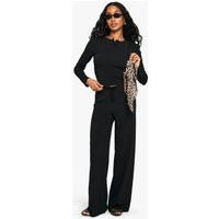Womens Rib Button Up Long Sleeve Crop Top And Drawstring Trouser Set - Black - 6 | boohoo (US & Canada)