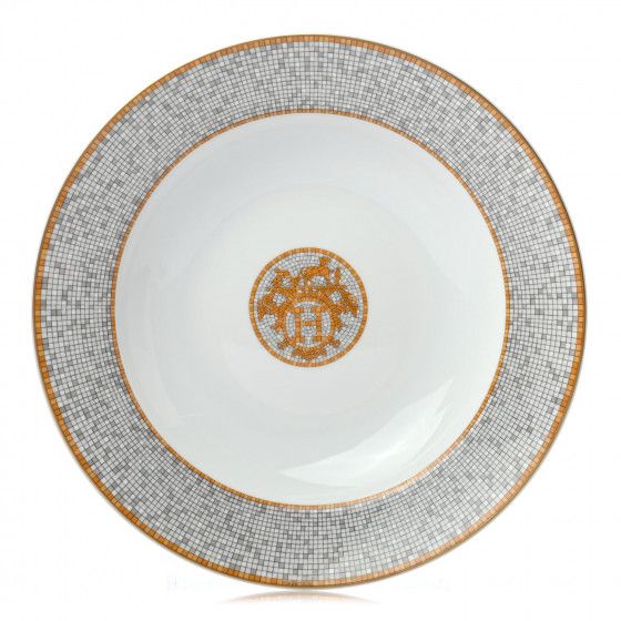 HERMES Porcelain Mosaique Au 24 Round Deep Plater Gold | Fashionphile