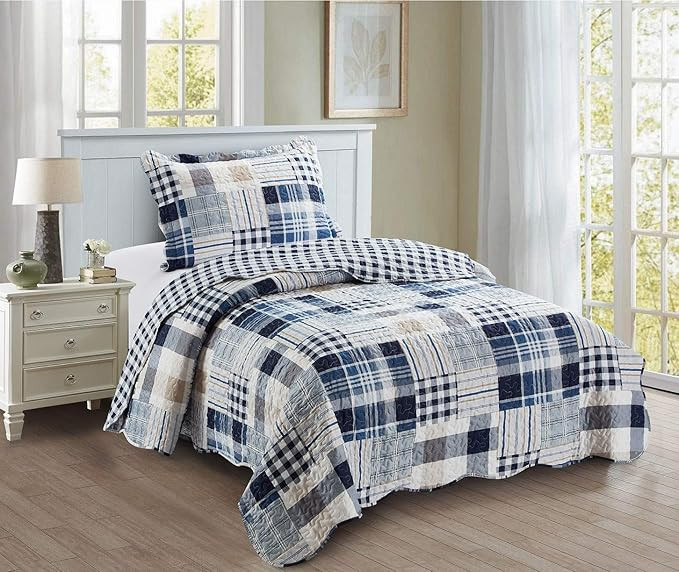 Blue Plaids and Stripes Patchwork, 2-Piece Quilt Set with 1 Sham, Reversible Bedspread, Soft Ligh... | Amazon (US)