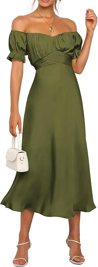 KIRUNDO 2023 Summer Women's Satin Midi Dresses Off Shoulder Wrap Ruched Wedding Guest Party Cockt... | Amazon (US)