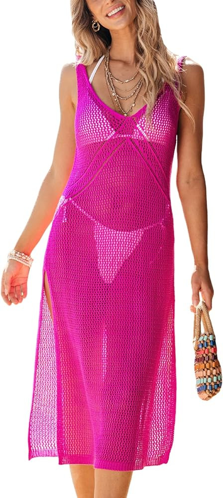 CUPSHE Women Crochet Swimsuit Cover Up Sleeveless Hollow Out Long Swimwear Coverup 2025 Split Mes... | Amazon (US)