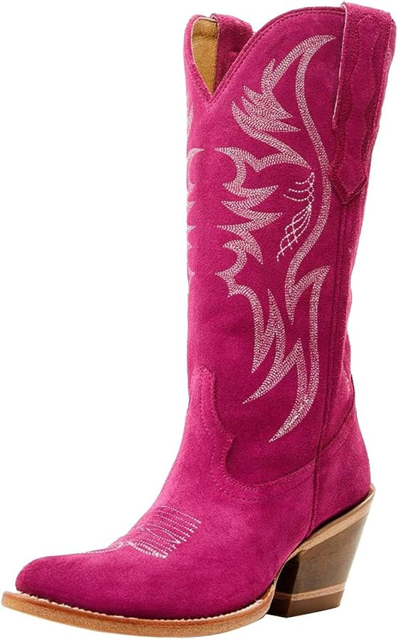 Women Pink Cowboy Boots Mid Calf Cowgirl Boots Sky Blue Western Boots Embroidered Suede Boots Pul... | Amazon (US)