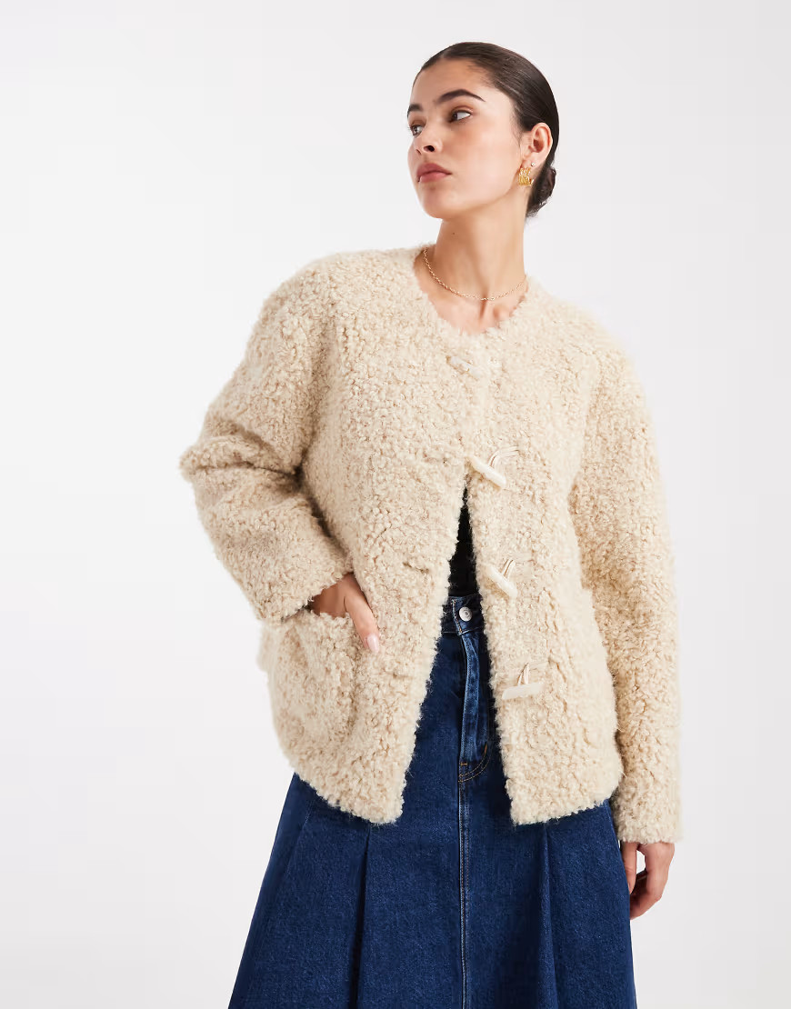 South Beach button up curly fur jacket in beige-Neutral | ASOS (Global)