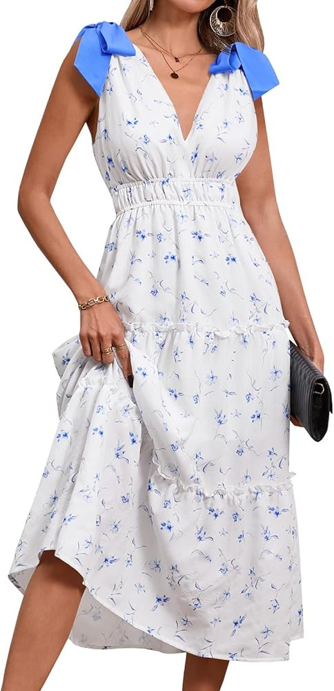 Wenrine Womens Summer Floral Maxi Dress Casual Self Tie Sleeveless V Neck Smocked Boho Tiered Bea... | Amazon (US)