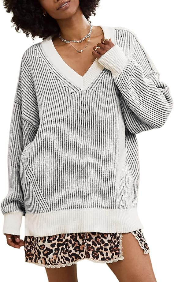 Beyond Chenille V Neck Sweater for Women 2024 Winter Long Sleeve Colorblock Striped Pullover Casu... | Amazon (US)