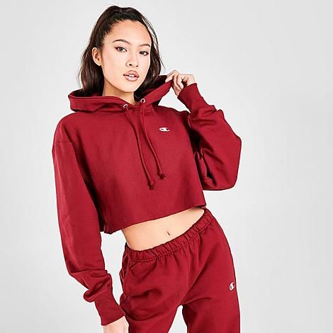 Champion Women's Reverse Weave Crop Hoodie in Red/Burgundy Size X-Large Cotton | Finish Line (US)