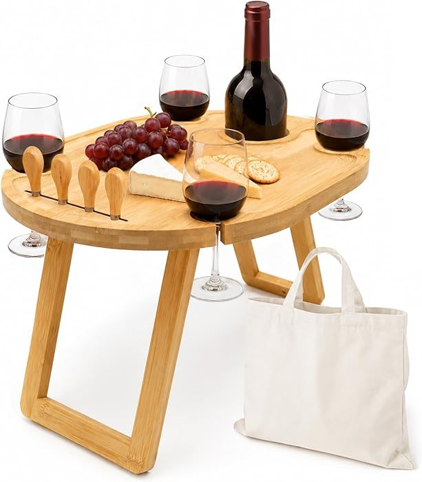 Portable Wine Picnic Table with 4 Glass Holders, Foldable Bamboo Outdoor Snack Table with Cheese ... | Amazon (US)
