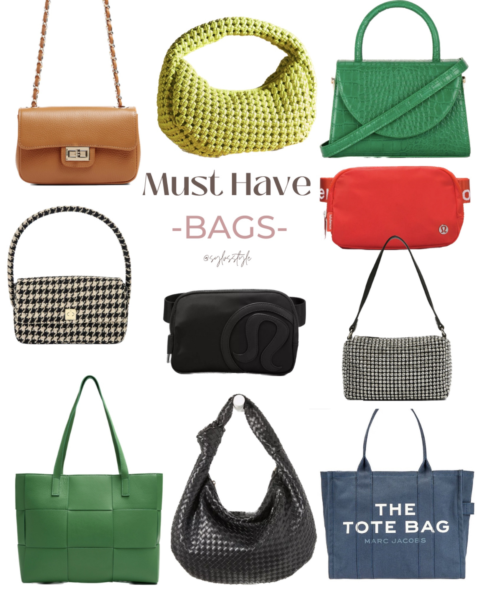 Must have bags for all your spring outfits! #bag #purse #totebag #goingoutoutfit #bottegavenetta #affordablebags #bottegavenettadupe #anthropologie #marcjacobs #greenpurse #lululemon #lululemonbeltbag #everywherebag #revolve #concertoutfit#traveloutfit #springbreak #festival #saddlebag #springfashion 

#LTKstyletip #LTKSeasonal #LTKitbag