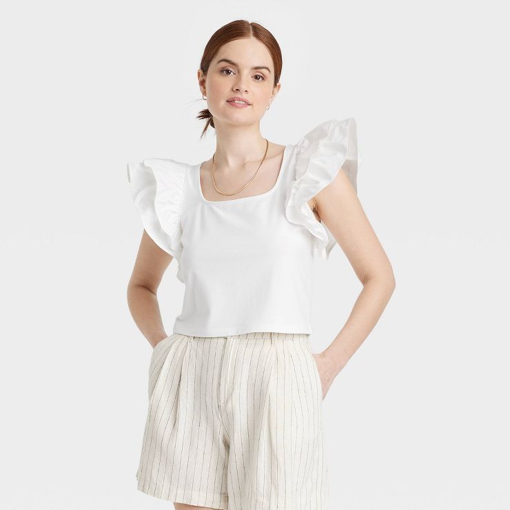 Women's Double Flutter Short Sleeve Slim Fit Top - A New Day™ | Target