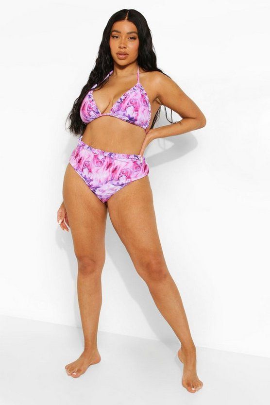 Plus Marble Print Ruffle High Waist Bikini | Boohoo.com (US & CA)