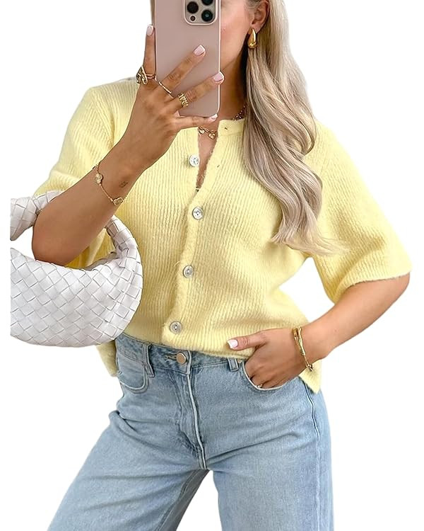 Arssm Women's Knitted Crop Cardigan Y2k Short Sleeve Button Down Cardigan Shirt Ribbed Knit Solid... | Amazon (US)