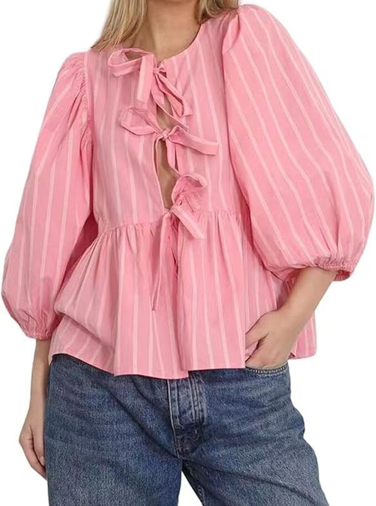 Tie Front Tops for Women Leopard Print Peplum Babydoll Top 3/4 Length Puff Sleeve Coquette Tops C... | Amazon (US)