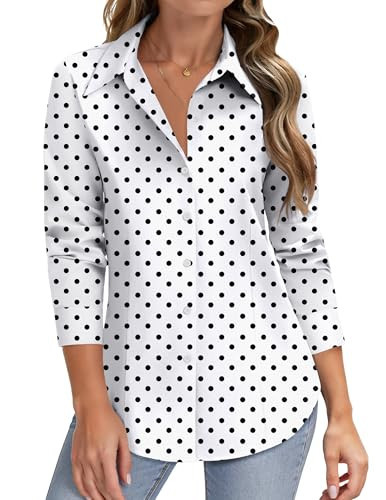 HOTOUCH Button Down Shirts for Women Long Sleeve Polka Dot Work Collared Business Blouses No Iron Shirt Wrinkle Free Outfits | Amazon (US)