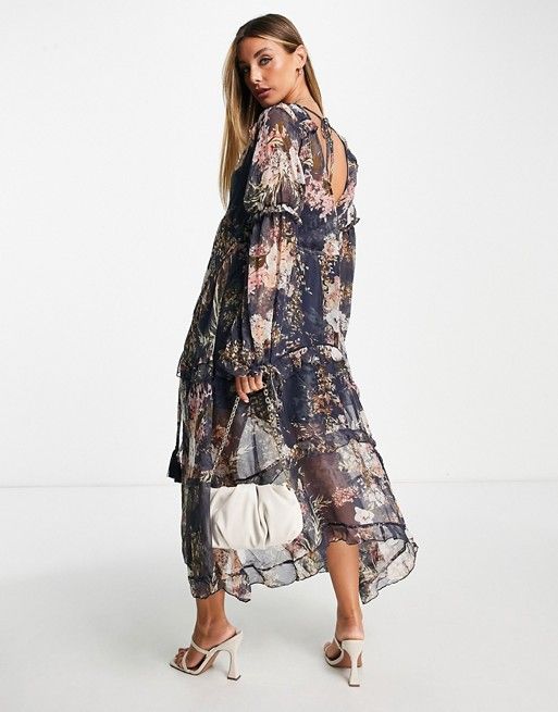 ASOS DESIGN ruched tiered midi dress in navy floral print with lace trim | ASOS (Global)