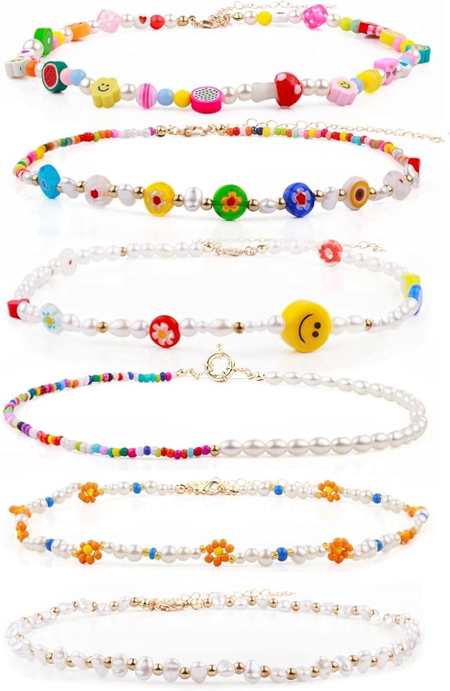 6 PCS Y2K Beaded Necklaces for Women Cute Boho Pearl Summer Beach Handmade Choker Necklace Set Aesth | Amazon (US)