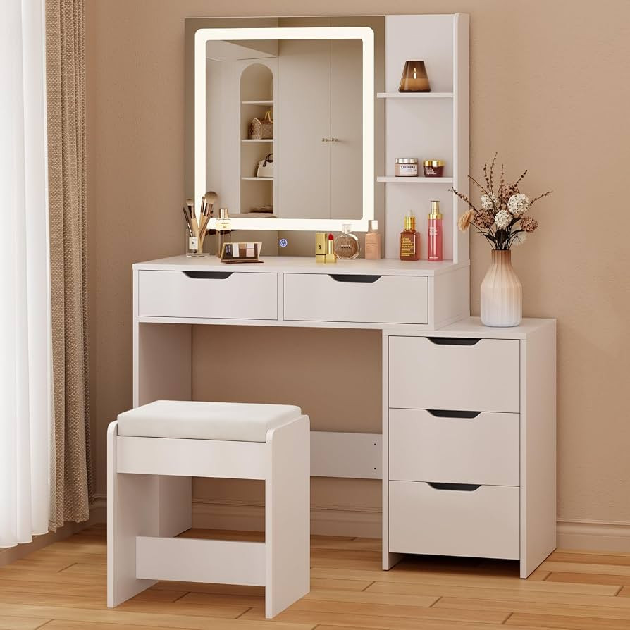 Aiho Makeup Vanity Desk with Mirror & Lights, 43.5" Table with 5 Drawers & Shelves, Adjustable Br... | Amazon (US)