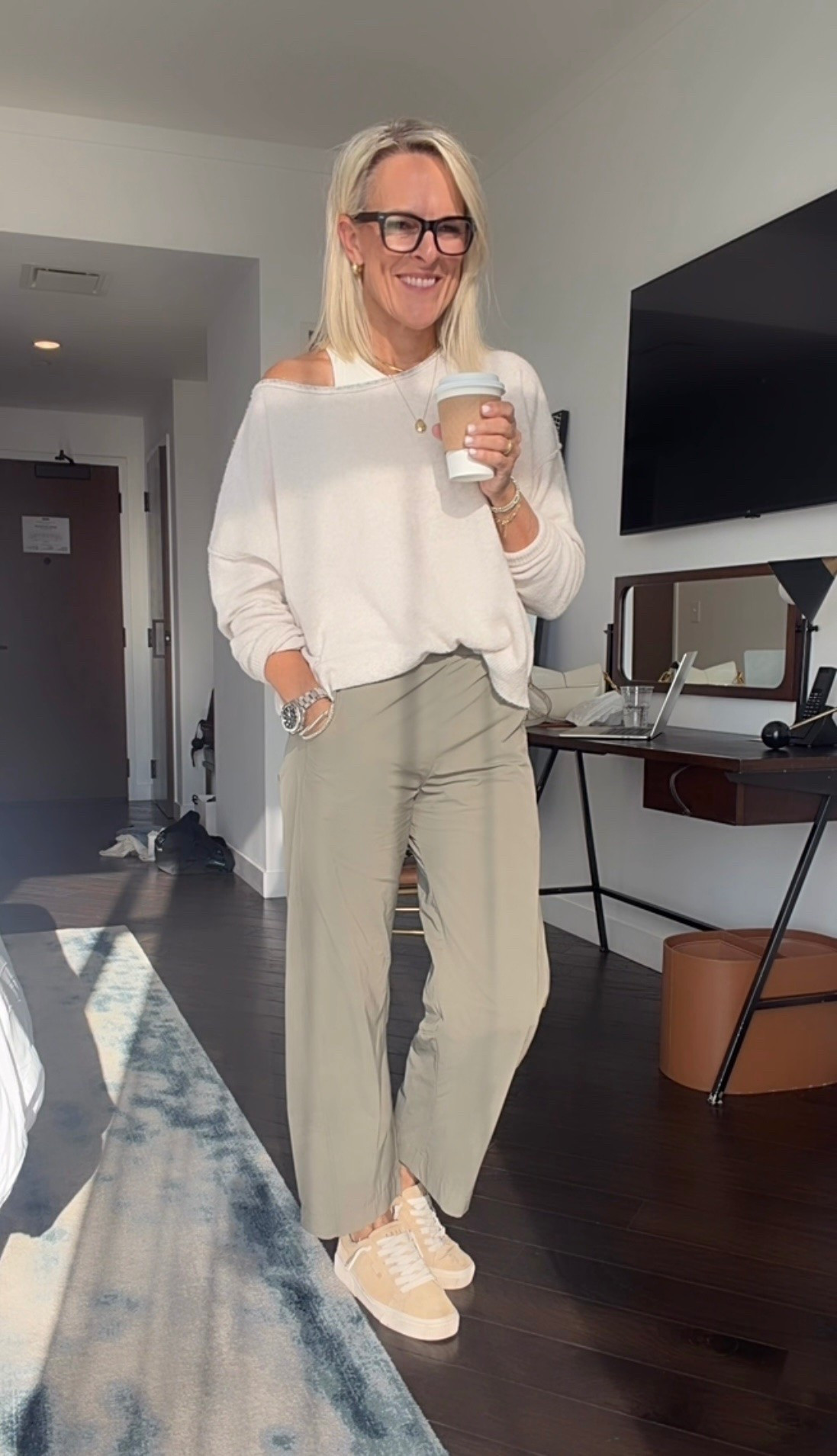 Look for less pants. I love them. This color is army green
Wearing small 
Only $34!
Sneakers - size up 1/2
Sweater - sized down to XS￼

#LTKootd #LTKgrwm #LTKOver40