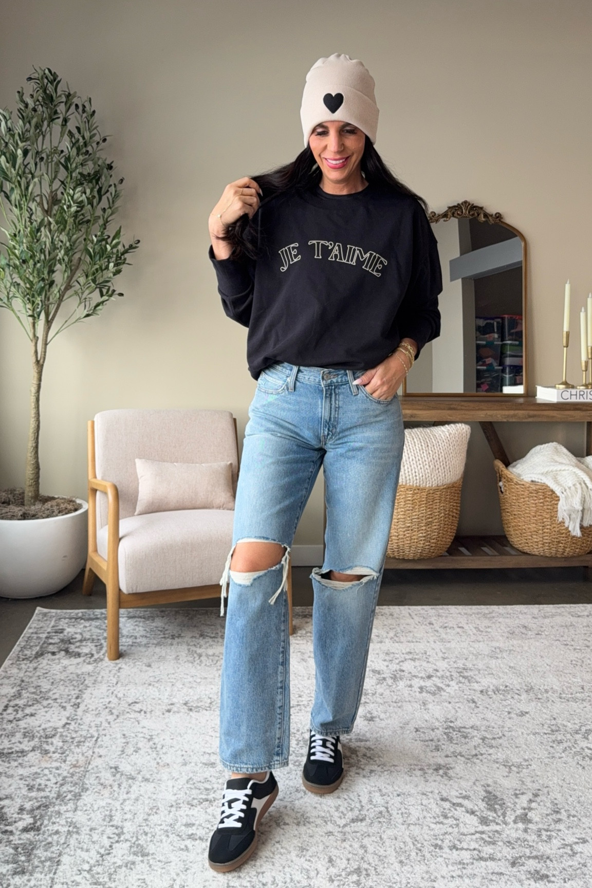 Valentines Day swestshirt- small 
Denim- tts and size 26
Sneaker are tts 

#LTKOver40 #LTKFindsUnder50 #LTKU