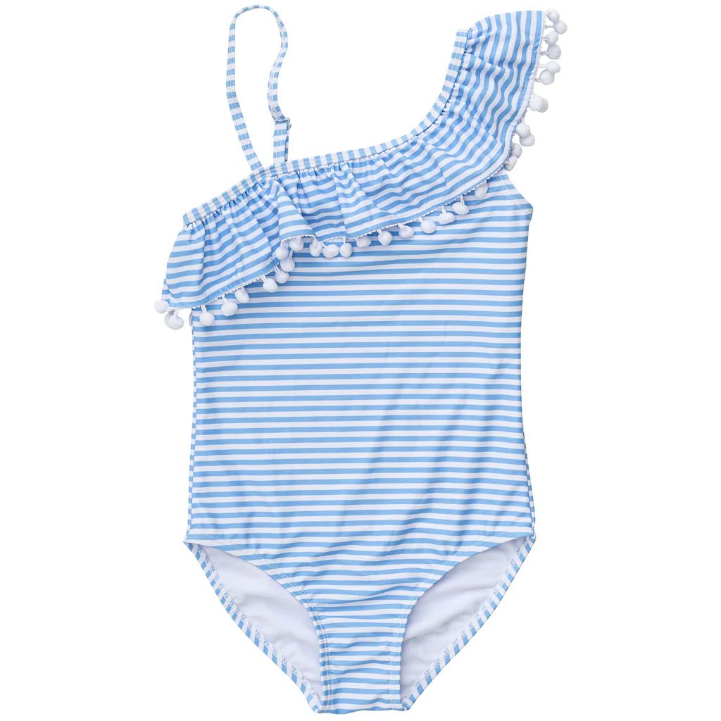 Powder Blue Sustainable Stripe Frill Swimsuit | Snapper Rock Swimwear