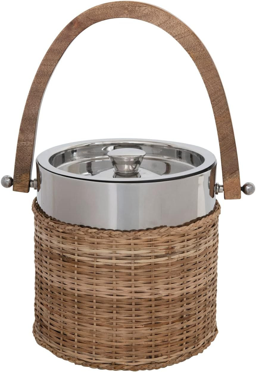 Creative Co-Op Stainless Steel and Woven Rattan Mango Wood Handle Ice Bucket, 7" L x 10" W x 7" H... | Amazon (US)