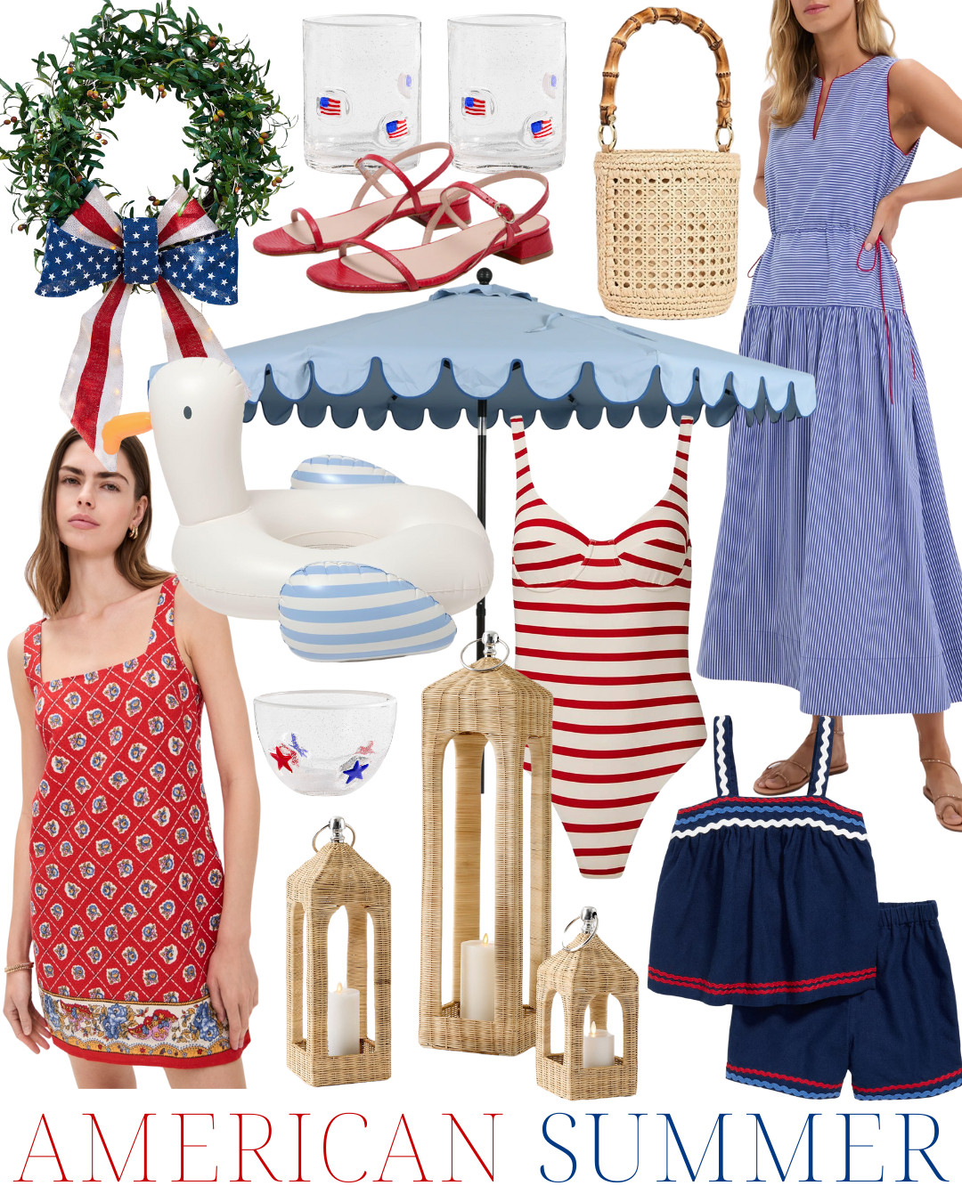 Summer style, summer decor, outdoor decor, outdoor entertaining, front porch, American flag, Memorial Day, 4th of July, summer dress, one-piece swim, mommy and me, scalloped umbrella, flag glasses, woven bag, summer bag, red dress, vacation style, classic style, preppy style, southern style, coastal style 

 

#LTKSeasonal #LTKHome #LTKFindsUnder100