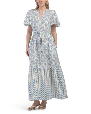 Made In Italy Linen Blend Flounce Sleeve Floral Print Maxi Dress | TJ Maxx