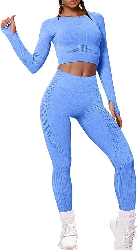 OQQ Women Workout Outfit Yoga Seamless 2 Piece Gym Long Sleeve Crop Top High Waist Leggings Set | Amazon (US)