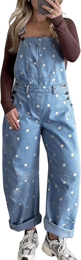 chouyatou Women Y2K Polka Dot Denim Bib Overalls Wide Leg Boyfriend Baggy Barrel Jeans Overalls J... | Amazon (US)