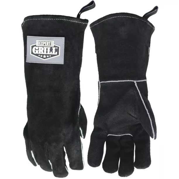 Expert Grill 14" Insulated Heat Resistant Leather BBQ Gloves, Black Color - Walmart.com | Walmart (US)