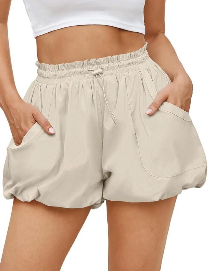 Fisoew Womens Summer Bubble Shorts Casual High Waisted Workout Puffy Shorts with Pockets | Amazon (US)