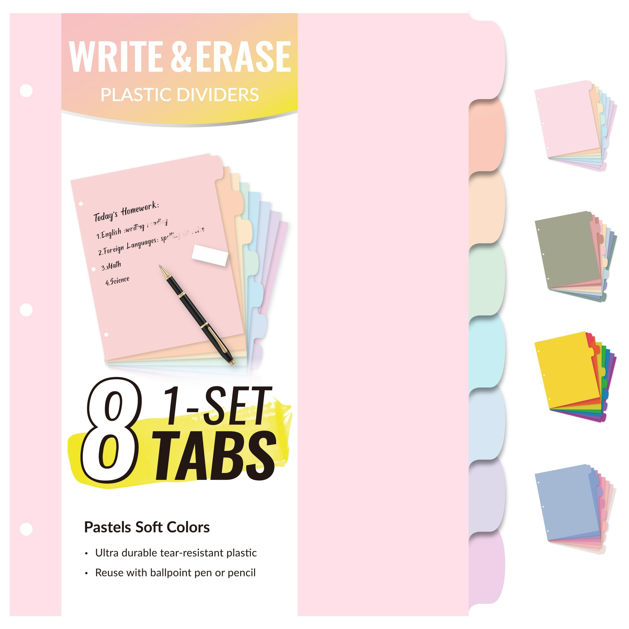 Sooez 8 Tabs Long-Lasting Plastic Write & Erase Large Tabs Dividers for 3 Ring Binder, Aesthetic ... | Amazon (US)