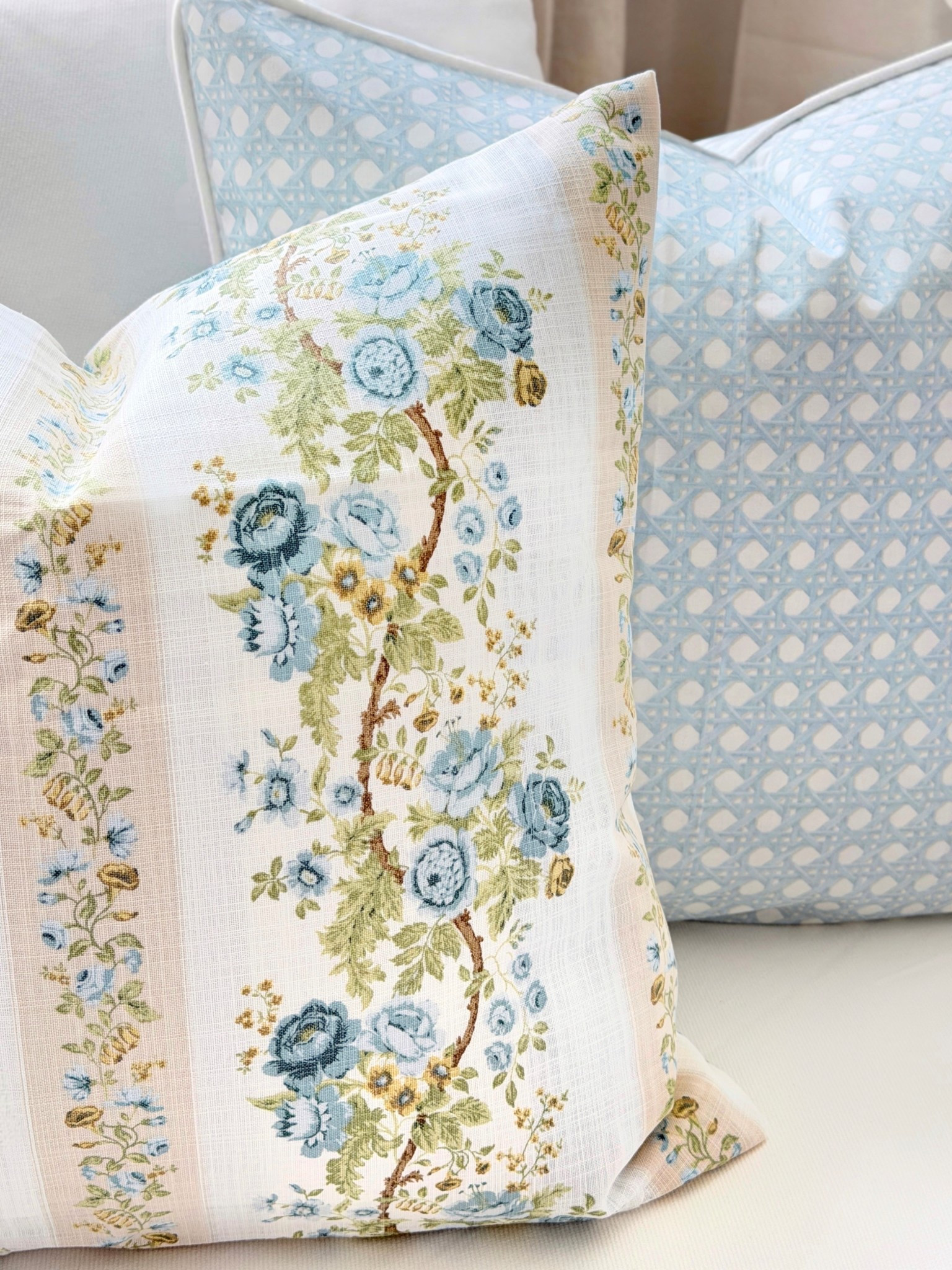 Hoping this pretty floral pillow launches  online soon 🤞🏻 spring pillows blue cane print 

#LTKSaleAlert #LTKHome #LTKSeasonal