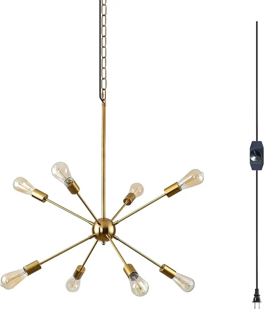 HOXIYA DIMMABLE 26.3" Modern Plug in Sputnik Chandelier with Cord, Brushed Brass 8-Lights Pendant... | Amazon (US)