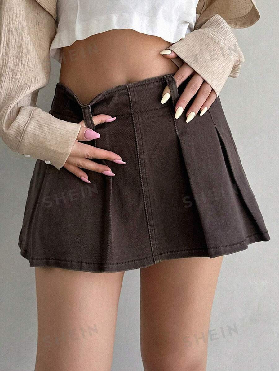 DAZY High Waist Fold Pleated Detail Denim Skort | SHEIN