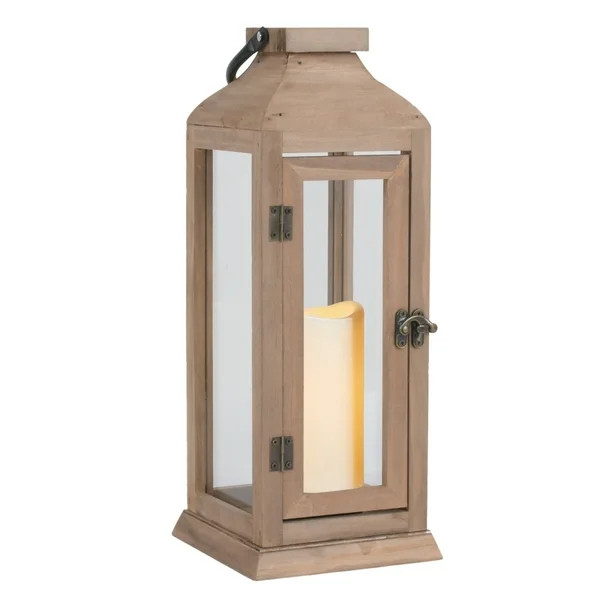 Better Homes & Gardens 15" Battery Operated Outdoor Natural Wood and Glass Lantern with Removable... | Walmart (US)