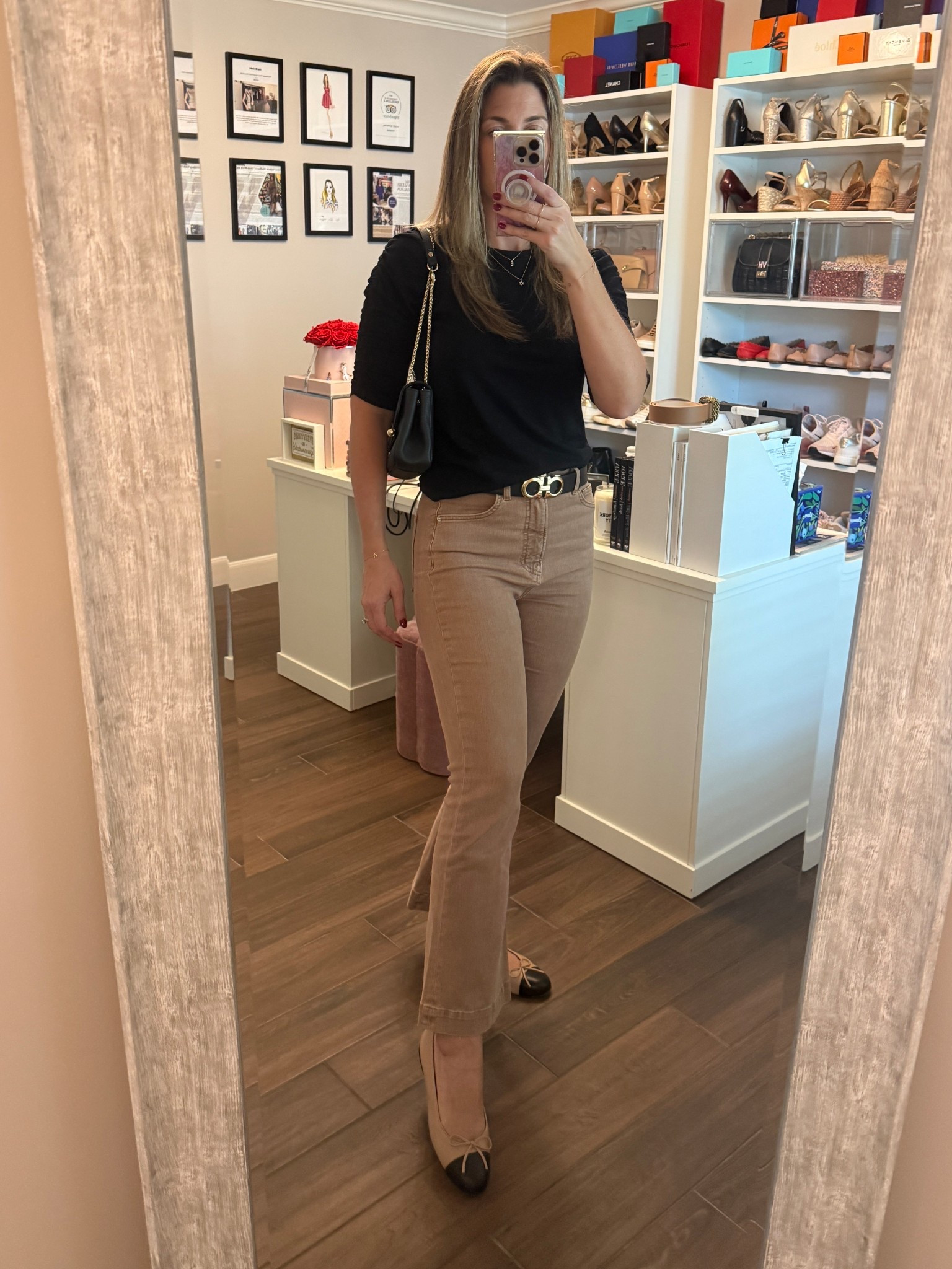 If you don’t have camel jeans here is a friendly reminder that you should get a pair! Neutrals are always easy to style and they break up all the blue and black denim in your closet! 

This tee is a great option for something more polished and put together. Runs TTS. I’m wearing a size S. 

Kick flare jeans run small so I’d suggest sizing up. I’m wearing a 29.

These cap toe flats are versatile and a great dupe for that classic designer look. I’d suggest sizing up. 

#LTKOver40 #LTKShoeCrush #LTKTall