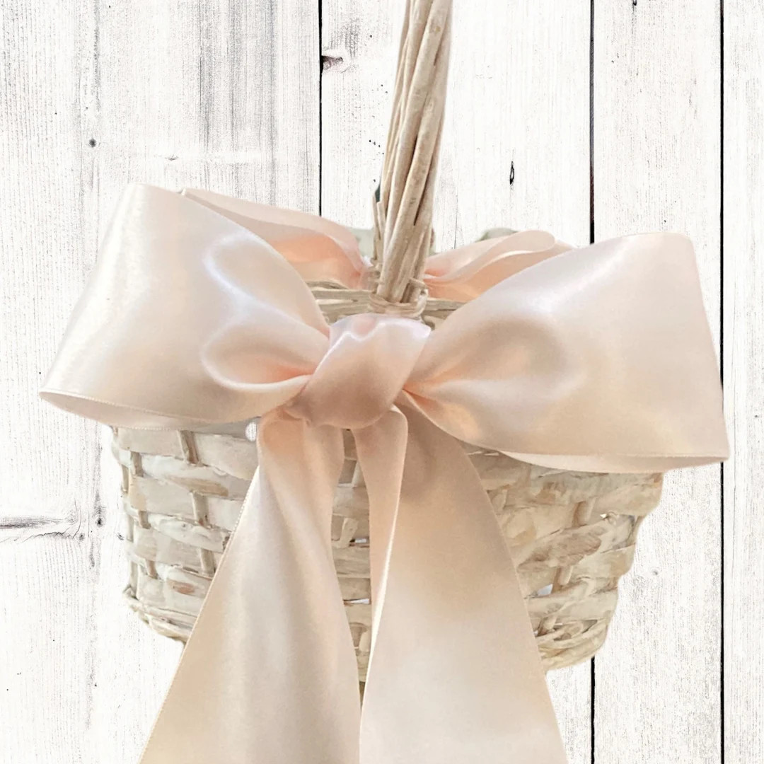 Flower Girl Basket Wicker or Willow Basket White Wash with Satin Bows color choice of bows Farmho... | Etsy (US)