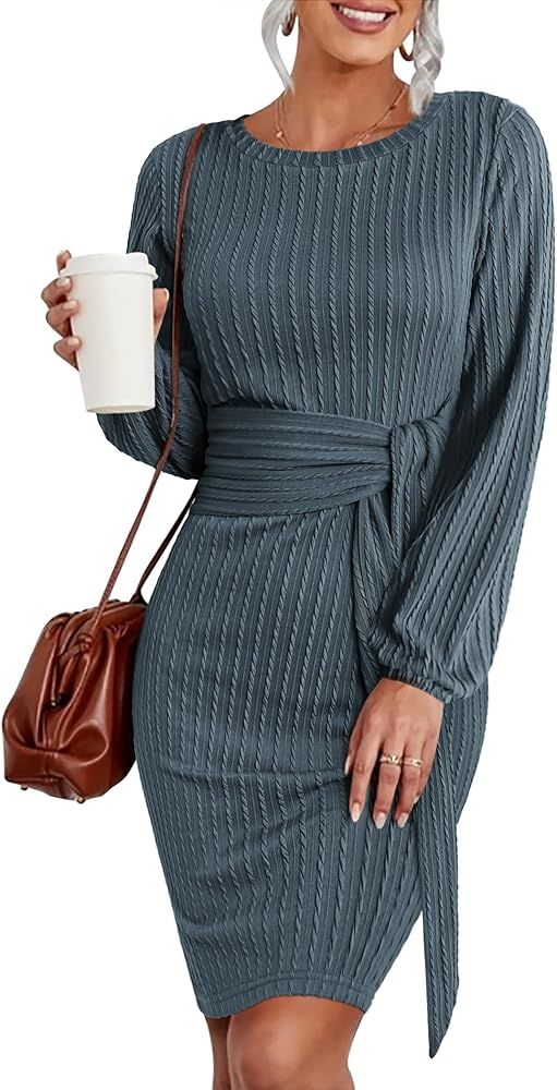 HOTOUCH Women's Casual Knit Dress Long Lantern Sleeve Fall Bodycon Dress Crewneck Tie Waist Rib K... | Amazon (US)