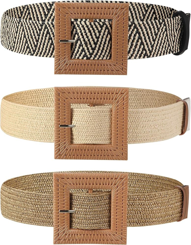 3 Pieces Straw Woven Elastic Stretch Waist Belt Skinny Dress Braided Waist Belt Wood Color Buckle... | Amazon (US)