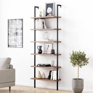 Nathan James Theo 85 in. Matte Black Reclaimed Oak Wood 6-Shelf Wall Mount Ladder Bookcase with M... | The Home Depot
