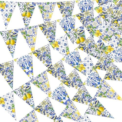6PCS Lemon Party Decorations Mediterranean Pennant Garlands: Blue Tiles and Yellow Lemonade Stand... | Amazon (US)
