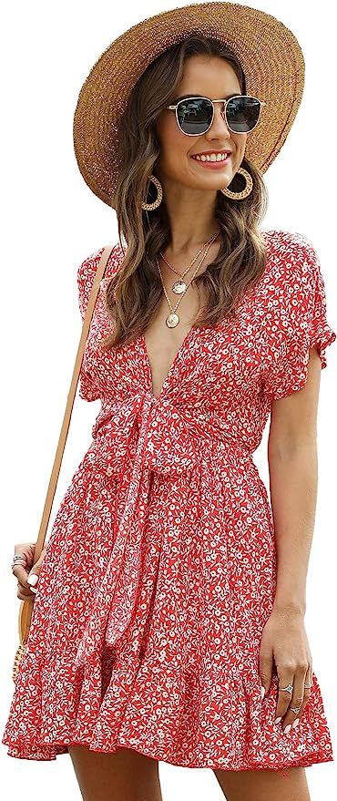 Floerns Women's Ditsy Floral Plunge Neck Knot Front A Line Short Dress | Amazon (US)