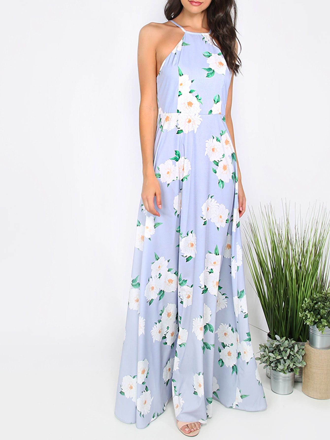 Floral Print Hater Neck Maxi Dress | SHEIN