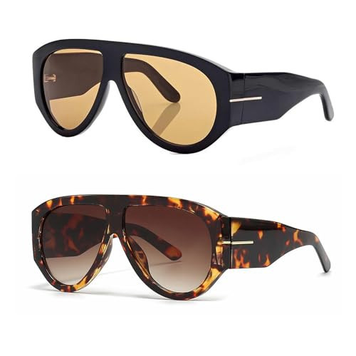OSAGAMA Trendy Retro Oversized Aviator Sunglasses for Women Men 70s Luxury Designer Thick Classic Sun Glasses (2pcs Brown+Leopard) | Amazon (US)