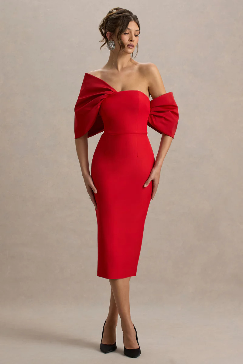 Lucille | Red Asymmetric Bardot Midi Dress | Club L London
