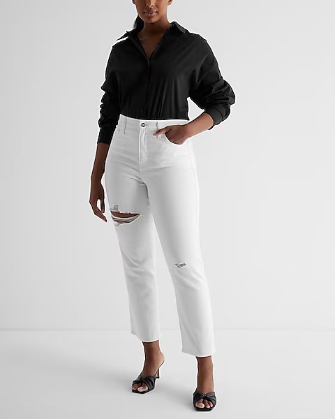 High Waisted White Ripped Straight Ankle Jeans | Express