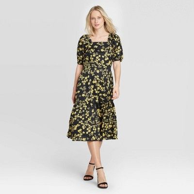 Women's Floral Print Puff Short Sleeve Midi Dress - Who What Wear™ Black | Target