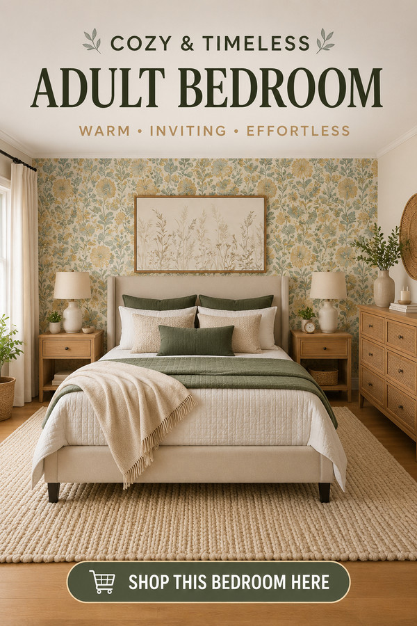 Transform your bedroom into a cozy retreat with this warm neutral design featuring botanical wallpaper, an upholstered b