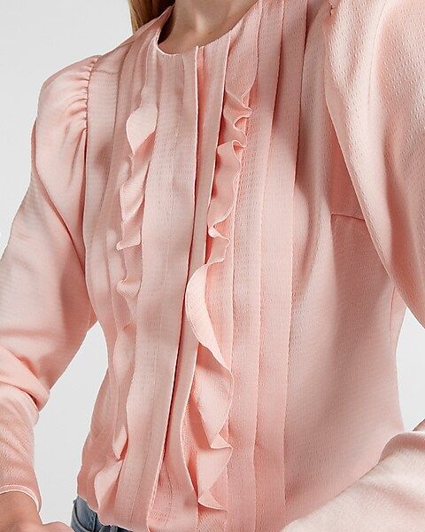 Textured Satin Ruffle Front Portofino Shirt | Express