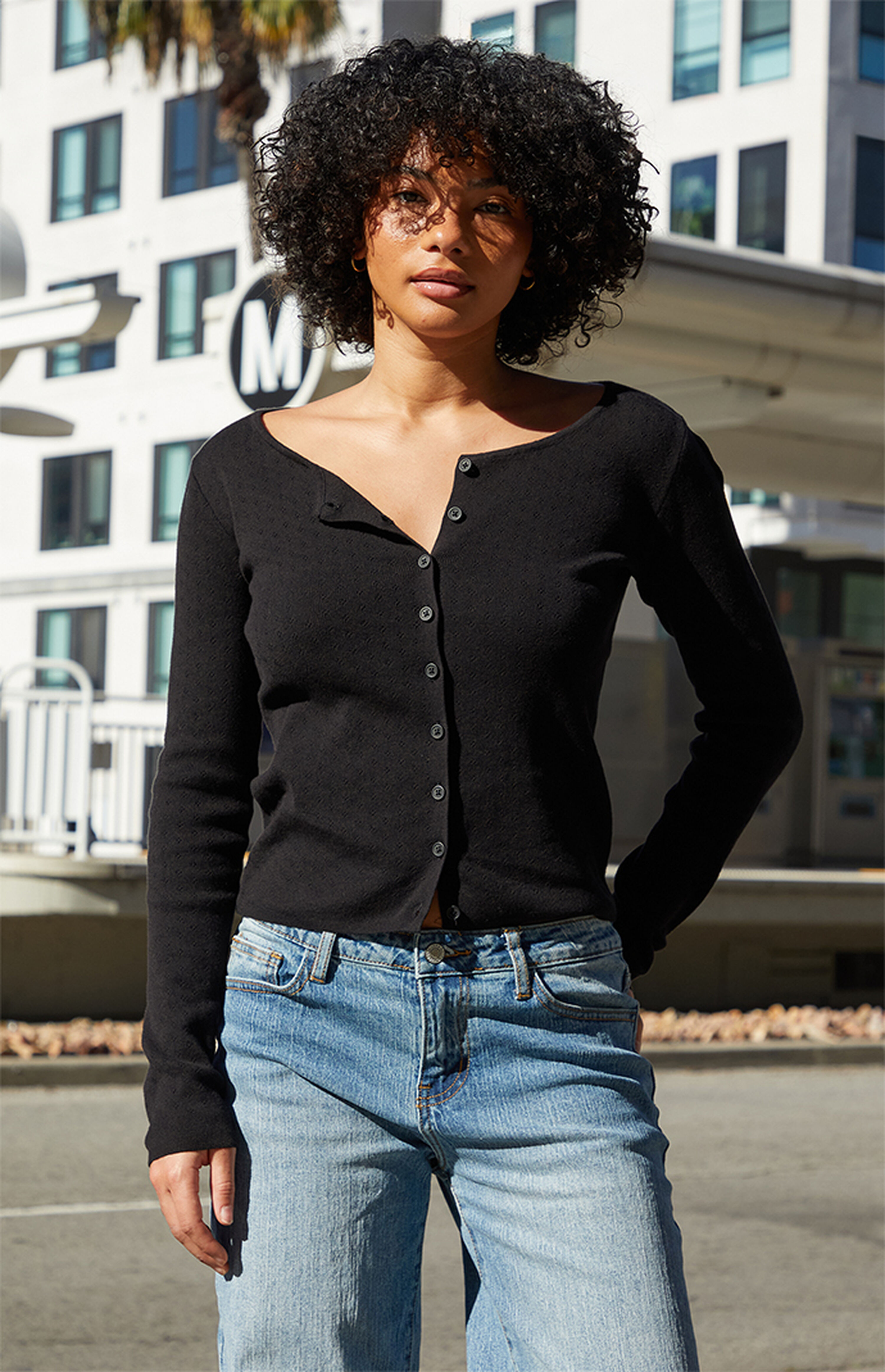 John Galt Black Athelia Pointelle Cardigan | PacSun